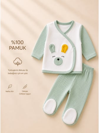 %100 Pamuk Yenidoğan Bebek Hastane Çıkışı Seti 5 Parça Tavşan Kulaklı Zıbın Takımı Yeşil (0-3 Ay )
