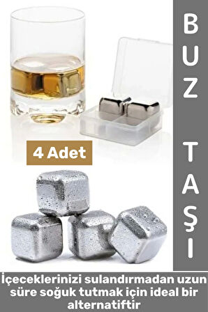 Yıkanabilir Kokteyl İçki Alkol Viski Sulandırmayan Saklama Kutulu Metal Kaplama Buz Taşı 4 Adet