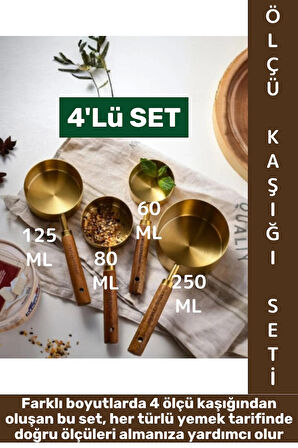 Pratik Mutfak Yemek Hazırlık Bakliyat Sıvı Ölçüm Estetik Gold Renk 4lü Ahşap Saplı Metal Ölçü Kaşığı