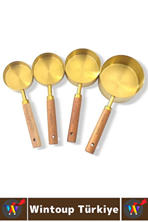 Pratik Mutfak Yemek Hazırlık Bakliyat Sıvı Ölçüm Estetik Gold Renk 4lü Ahşap Saplı Metal Ölçü Kaşığı