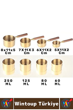 Pratik Mutfak Yemek Hazırlık Bakliyat Sıvı Ölçüm Estetik Gold Renk 4lü Ahşap Saplı Metal Ölçü Kaşığı