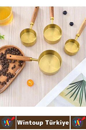 Pratik Mutfak Yemek Hazırlık Bakliyat Sıvı Ölçüm Estetik Gold Renk 4lü Ahşap Saplı Metal Ölçü Kaşığı