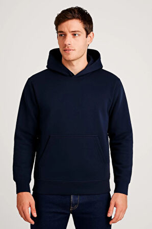 Lacivert Üç İplik Şardonlu Kapüşon Detaylı Oversize Erkek Sweatshirt