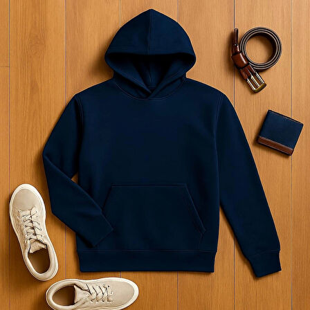 Lacivert Üç İplik Şardonlu Kapüşon Detaylı Oversize Erkek Sweatshirt