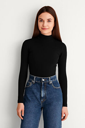 Kadın Balıkcı Yaka Uzun Kollu Esnek Süprem Penye Siyah Badi