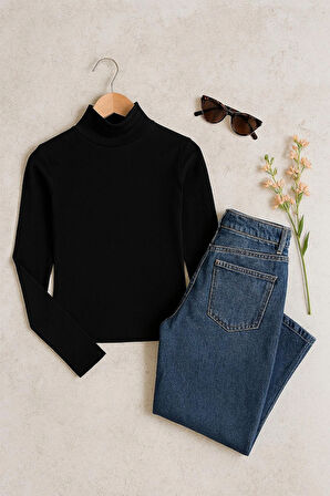 Kadın Balıkcı Yaka Uzun Kollu Esnek Süprem Penye Siyah Badi