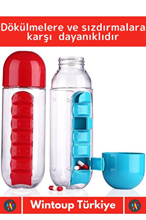 Premium Uzun Ömürlü %100 BPA Free Hap Bölmeli İlaç Kutusu Pillbox Su Matarası 600 Ml Suluk