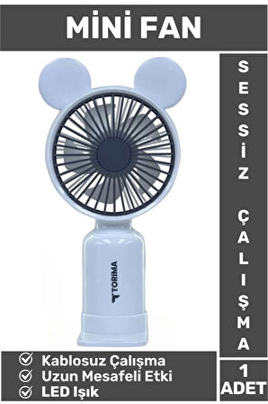 Mini Taşınabilir Fan Şarjlı 2 Kademeli Led Işıklı Sevimli Ayıcık Kulak Vantilatör Klima Soğutucu