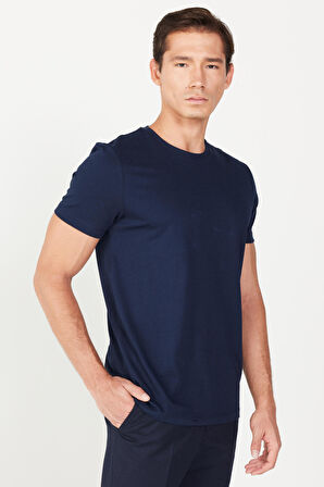 Erkek Lacivert Slim Fit Dar Kesim Bisiklet Yaka Pamuklu Kısa Kollu Tişört