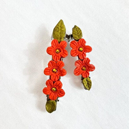 Uretti - Hülya 6683 8715 El Yapımı Taşlı Çiçek Desenli Polimer Kil 2’li Set Klipsli Saç Tokası / 8 cm - 6 cm