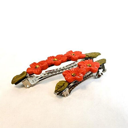Uretti - Hülya 6683 8715 El Yapımı Taşlı Çiçek Desenli Polimer Kil 2’li Set Klipsli Saç Tokası / 8 cm - 6 cm