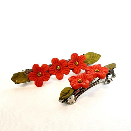 Uretti - Hülya 6683 8715 El Yapımı Taşlı Çiçek Desenli Polimer Kil 2’li Set Klipsli Saç Tokası / 8 cm - 6 cm