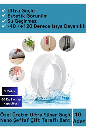 Premium Seri Ultra Süper Güçlü Yüksek Mukavemetli Nano Çift Taraflı Doku Şeffaf Bant 3 Metre 10 Adet