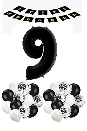 Siyah Konsept Doğum Günü Kutlama Seti; Beyaz Siyah Konfetili Balon, Rakam Ve Banner