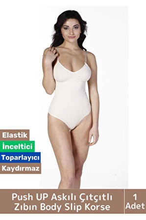 Özel Lazer Kesim İz Göstermez Toparlayıcı Askılı Çıtçıtlı Push UP Slip Body Zıbın Korse