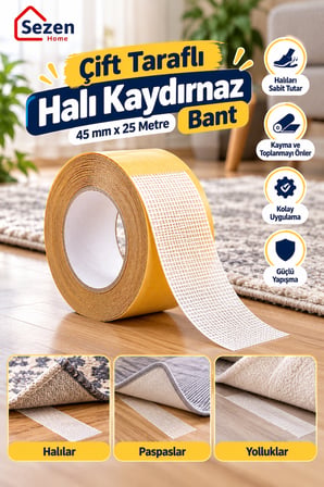 25 METRE X 4.5 Cm Kaydırmaz Kaymaz Halı Bandı Çift Taraflı Kilim Paspas Sabitleme Bant