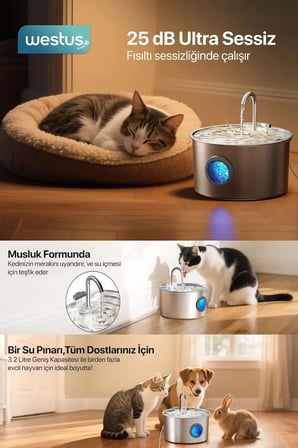 Westus Inpets Kedi Köpek Otomatik 3.2 L Su Seviyesi Göstergeli 304 Paslanmaz Çelik Kedi Köpek Için Su Pınarı Su Çeşmesi Su Sebili