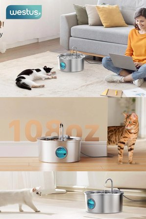 Westus Inpets Y10™ 3.2 L Su Seviyesi Göstergeli 304 Paslanmaz Çelik Kedi Köpek Için Su Pınarı Su Çeşmesi Su Sebili