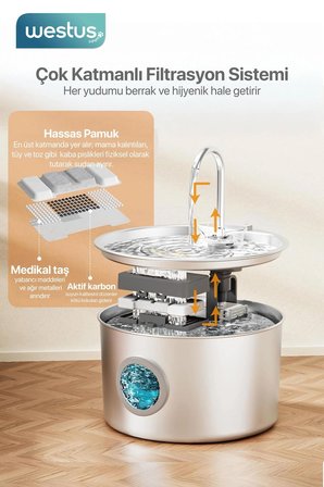 Westus Inpets Y10™ 3.2 L Su Seviyesi Göstergeli 304 Paslanmaz Çelik Kedi Köpek Için Su Pınarı Su Çeşmesi Su Sebili