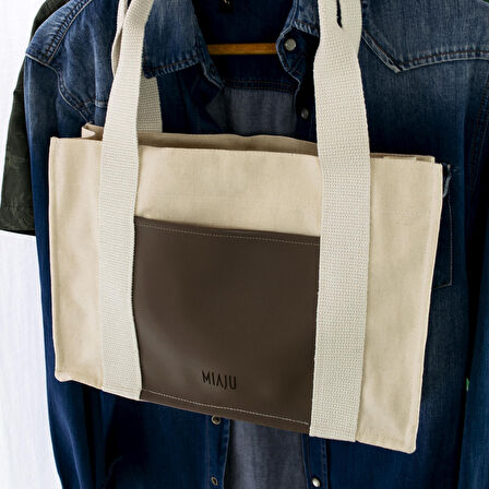 Deri Cepli Kanvas Tote Bag, Orta Boy Krem-Kahve Kadın Kol ve Omuz Çantası, 35x25 cm, Ön ve İç Cepli