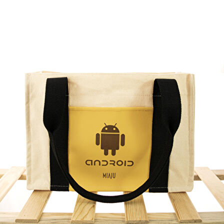 Android Desenli Deri Cepli Kanvas Tote Bag, Orta Boy Kadın Kol Ve Omuz Çantası, 35x25 Cm, Iç Cepli