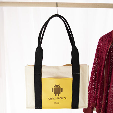 Android Desenli Deri Cepli Kanvas Tote Bag, Orta Boy Kadın Kol Ve Omuz Çantası, 35x25 Cm, Iç Cepli