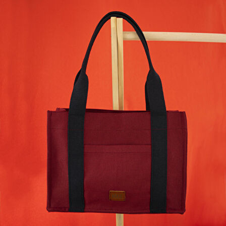 Bordo Tote Bag, Ön ve İç Cep Detaylı, 25x35 cm, Kadın Günlük Kol ve Omuz Çantası