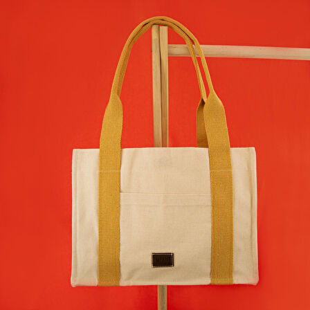 Krem&Hardal Tote Bag, Ön ve İç Cep Detaylı, 25x35 cm, Kadın Günlük Kol ve Omuz Çantası
