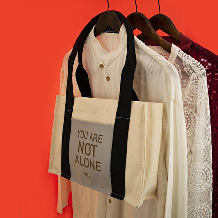 Yazılı Deri Cepli Kanvas Tote Bag, Orta Boy Kadın Çantası, 35x25 Cm, Iç Cepli, You Are Not Alone