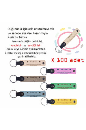 İsme Özel, 100' lü, Düğün Töreni ve Kutlamaları İçin, Yeni Çiftlere Hediyelik Deri Hatıra Anahtarlık