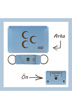 Açık Mavi, Üç Hilal Motifli, İsme Özel Cüzdan Ve Anahtarlık Set, Arkadaşına Unutulmaz Hediye