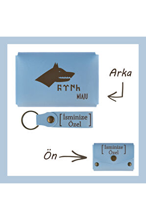 Açık Mavi, Bozkurt Ve Türk Motifli, İsme Özel Cüzdan Ve Anahtarlık Set, Arkadaşa Unutulmaz Hatıra