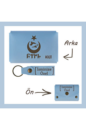 Açık Mavi, Bozkurt Ay Yıldız Motifli, İsme Özel Cüzdan Ve Anahtarlık Set, Arkadaşa Unutulmaz Hatıra