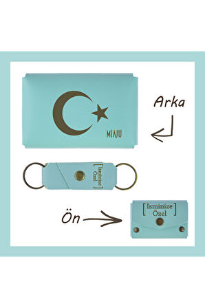 Turkuaz, Ayyıldız Desenli, İsme Özel Cüzdan Ve Anahtarlık Set, Değer Verdiğine Eşsiz Bir Hediye