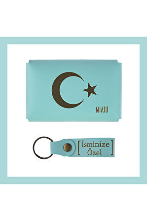 Turkuaz, Ayyıldız Desenli, İsme Özel Cüzdan Ve Anahtarlık Set, Değer Verdiğine Eşsiz Kişisel  Hediye