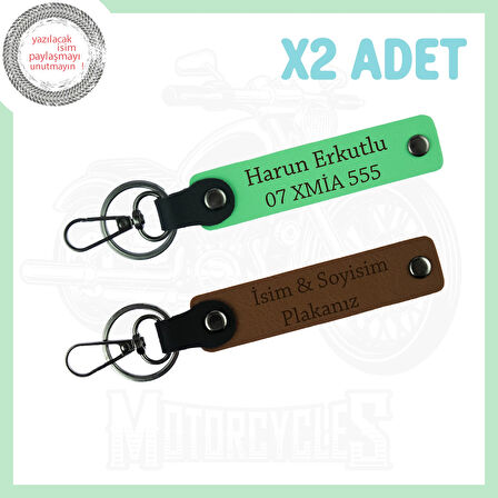 Açık Kahve - Fıstık Yeşil, Motor Tutkunları İçin İsim ve Plaka Yazılabilen 2'li Set Anahtarlık