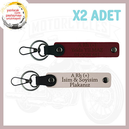 Pudra-Bordo, Biker Stiline Özel, İsim Plaka ve A Rh (+) Kan Grubu Yazılı 2li Motorsiklet Anahtarlığı