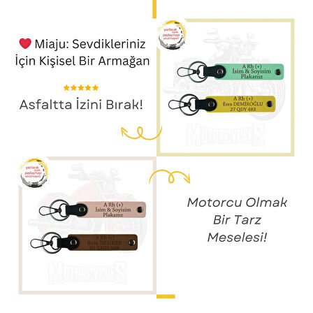 Sarı-Gök Mavi, Hız Severlere Özel, İsim Plaka ve A Rh (+) Kan Grubu Yazılı Deri 2'li Anahtarlık Set