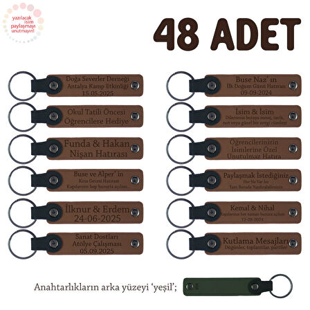 Kahverengi & Yeşil, Çocuk Partisi İçin İsim Yazılı Anahtarlık 48’li Set, Gelen Herkese Özel Hediye