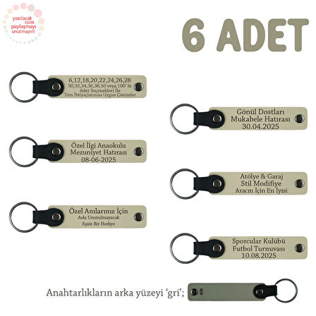 Sütlü Kahve & Gri, Evlilik Yıldönümü Hediyesi, İsme Özel, 6'lı Hatıra Deri Anahtarlık Set