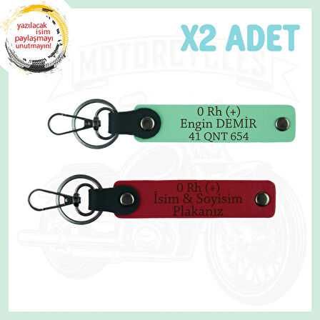 Kırmızı-Yeşil, Motorculara Özel, İsim Plaka ve 0 Rh (+) Kan Grubu Yazılı 2'li Anahtarlık Set