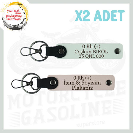 Pudra-Beyaz, Motor Tutkunlarına, İsim Plaka ve 0 Rh (+) Yazılı Özel Üretim Deri 2'li Anahtarlık Set