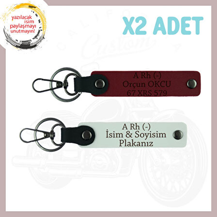 Beyaz-Bordo, Bikerlar İçin, İsim Plaka ve A Rh (-) Kan Grubu Yazılı Deri 2'li Anahtarlık, Hediyelik
