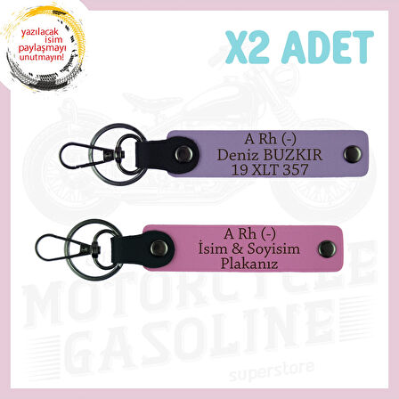 Mor Menekşe-Pembe, Motor Severlere Özel, İsim Plaka ve A Rh (-) Yazılı Özel Tasarım 2'li Anahtarlık