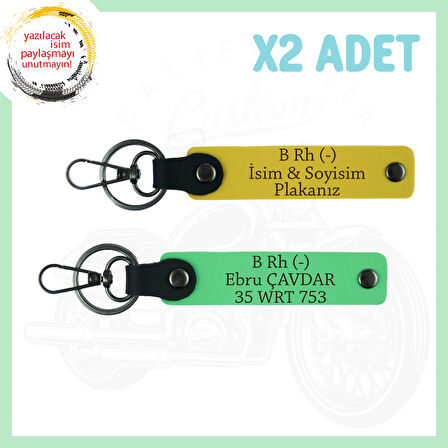 Sarı-Fıstık Yeşil, Bikerlar İçin Özel, İsim Plaka ve B Rh (-) Kan Grubu Yazılı, 2'li Anahtarlık
