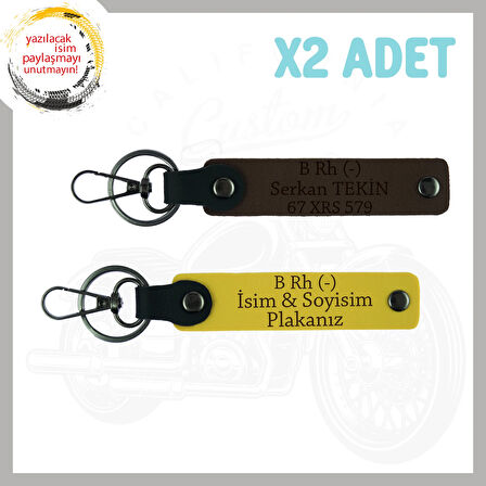 Sarı-Koyu Kahve, Motorcu Dostlara Özel, İsim Plaka ve B Rh (-) Kan Grubu Yazılı 2'li Anahtarlık Set