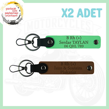 A Kahve-Fıstık Yeşil, Biker, İsim Plaka ve B (+) Kan Grubu Yazılı Özel Tasarım 2'li Anahtarlık Set