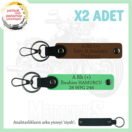 Motor Kulüplerine, İsim Plaka ve A Rh (+) Kan Grubu Yazılı x2' li Anahtarlık Set, Kahve-F Yeşil-Syh