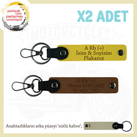 Motorsiklet  Tutkunlarına, İsim Plaka ve A Rh (+) Kan Grubu Yazılı x2 Anahtarlık Set, Kahve-Sarı-SK