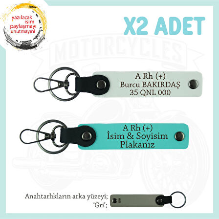 Motor Severlere, İsim Plaka ve A Rh (+) Kan Grubu Yazılı x2 Anahtarlık, Hediyelik, Beyaz-Turkuaz-Gr